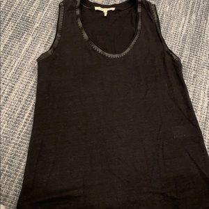 Maje black linen tank top with leather trim